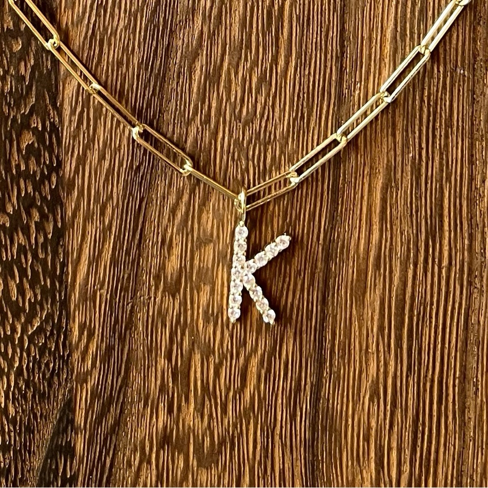 925 Sterling Paperclip Chain Necklace with Pavé Crystal/CZ “K” Initial Pendant